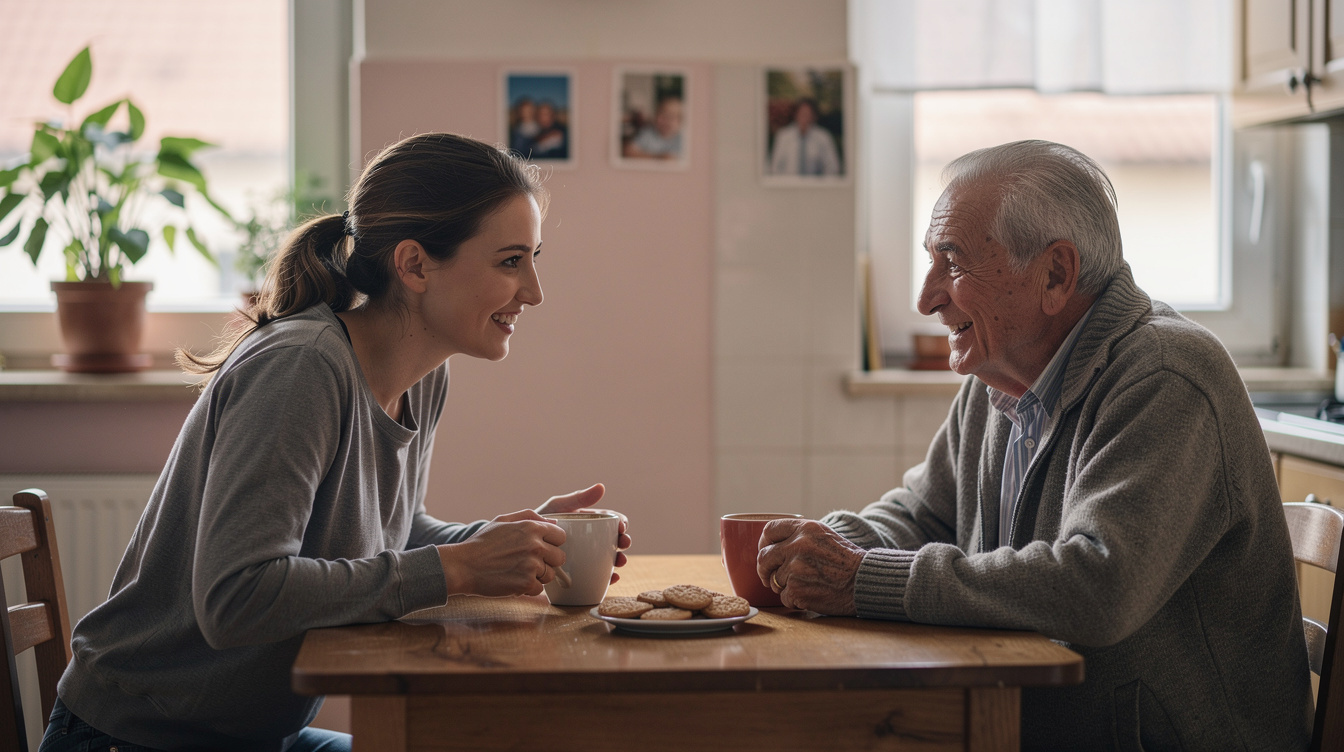 Volunteer chatting with a senior man over coffee