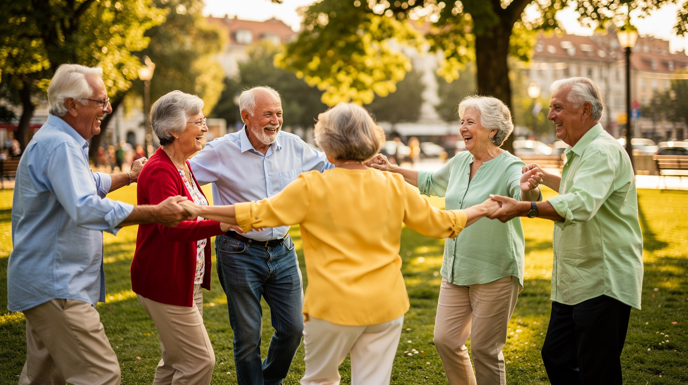 Group of smiling Croatian seniors dancing together outdoors in a park